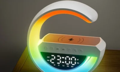 Multifunctional Smart G-Shape Table Lamp USB Plug with Bluetooth Speaker, Wireless Phone Charger & Alarm Clock Function