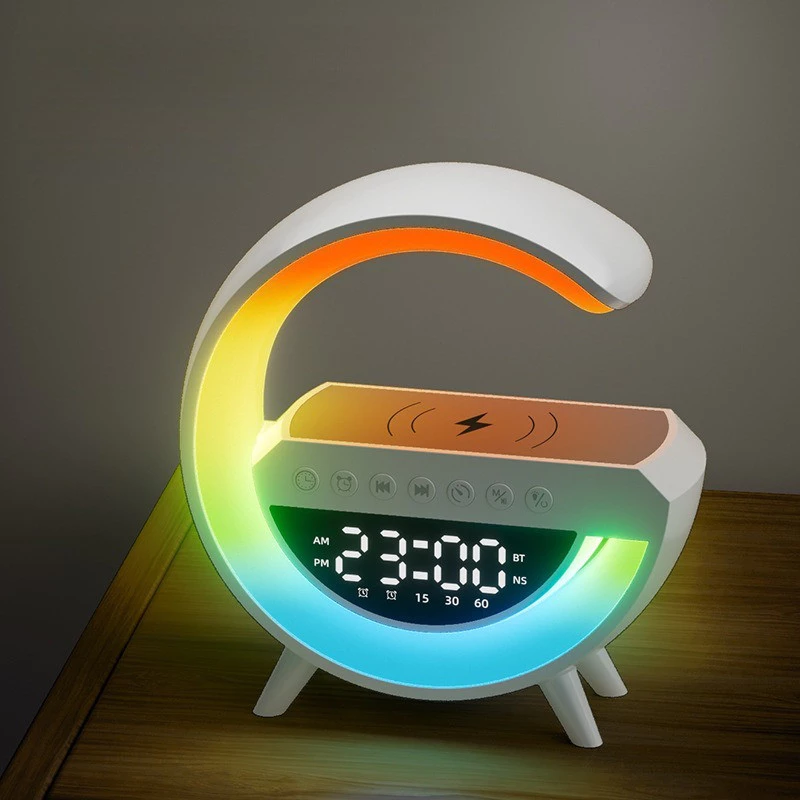 Multifunctional Smart G-Shape Table Lamp USB Plug with Bluetooth Speaker, Wireless Phone Charger & Alarm Clock Function
